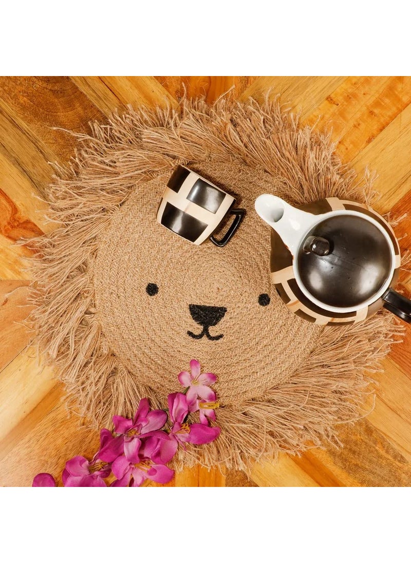pepme Jute Round placemat face Side Fringes 12x12 Black Beige Pack of 2