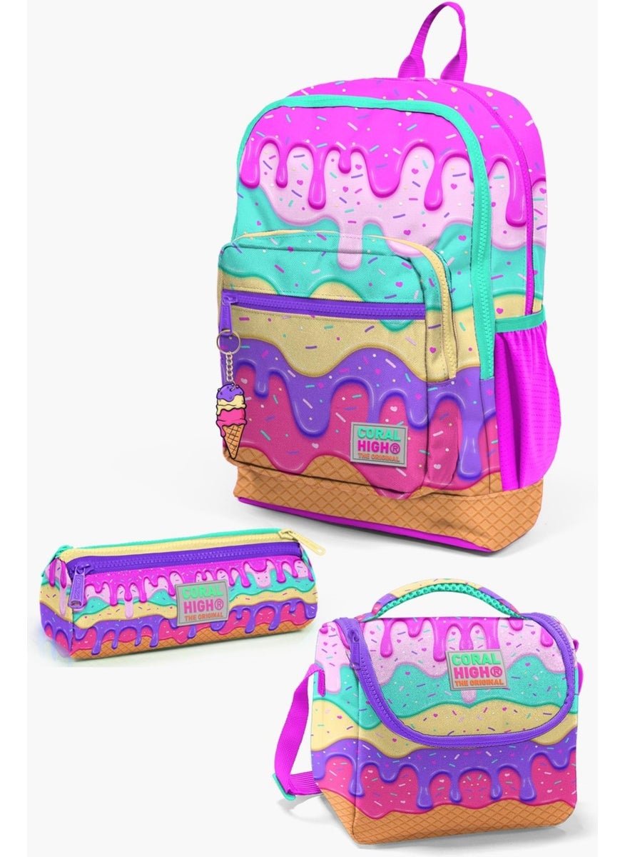 Kids Pink Colorful Ice Cream Patterned 3-Piece School Bag Set SET0123731