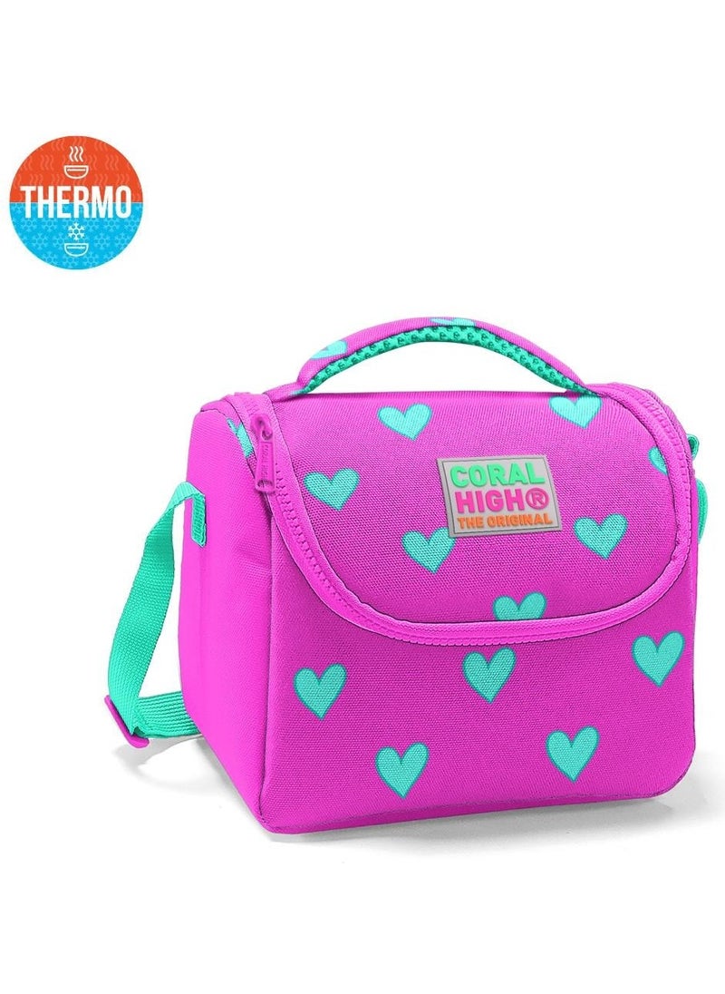 Kids Neon Pink Water Green Heart Patterned Thermo Lunchbox 11806