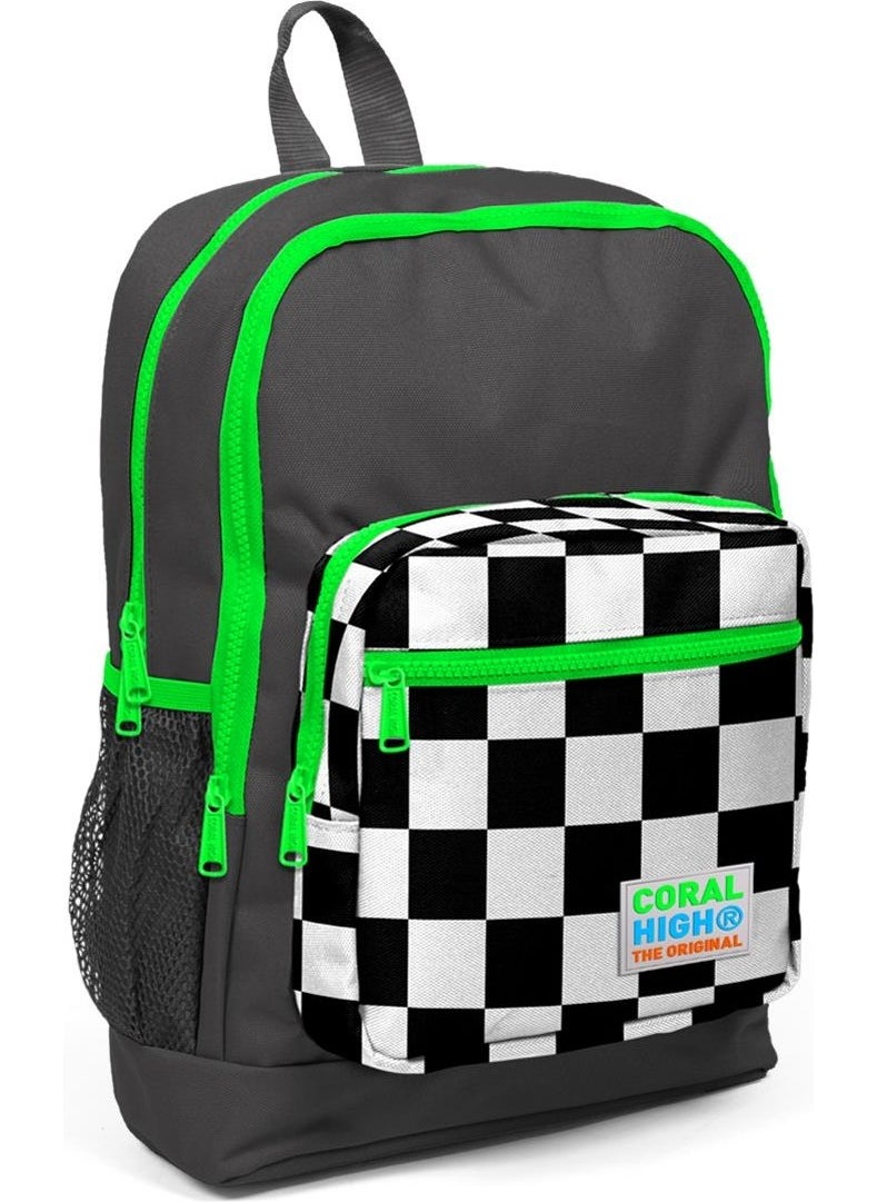 Four Compartment Dark Gray Checkerboard Patterned Primary School Bag 23715