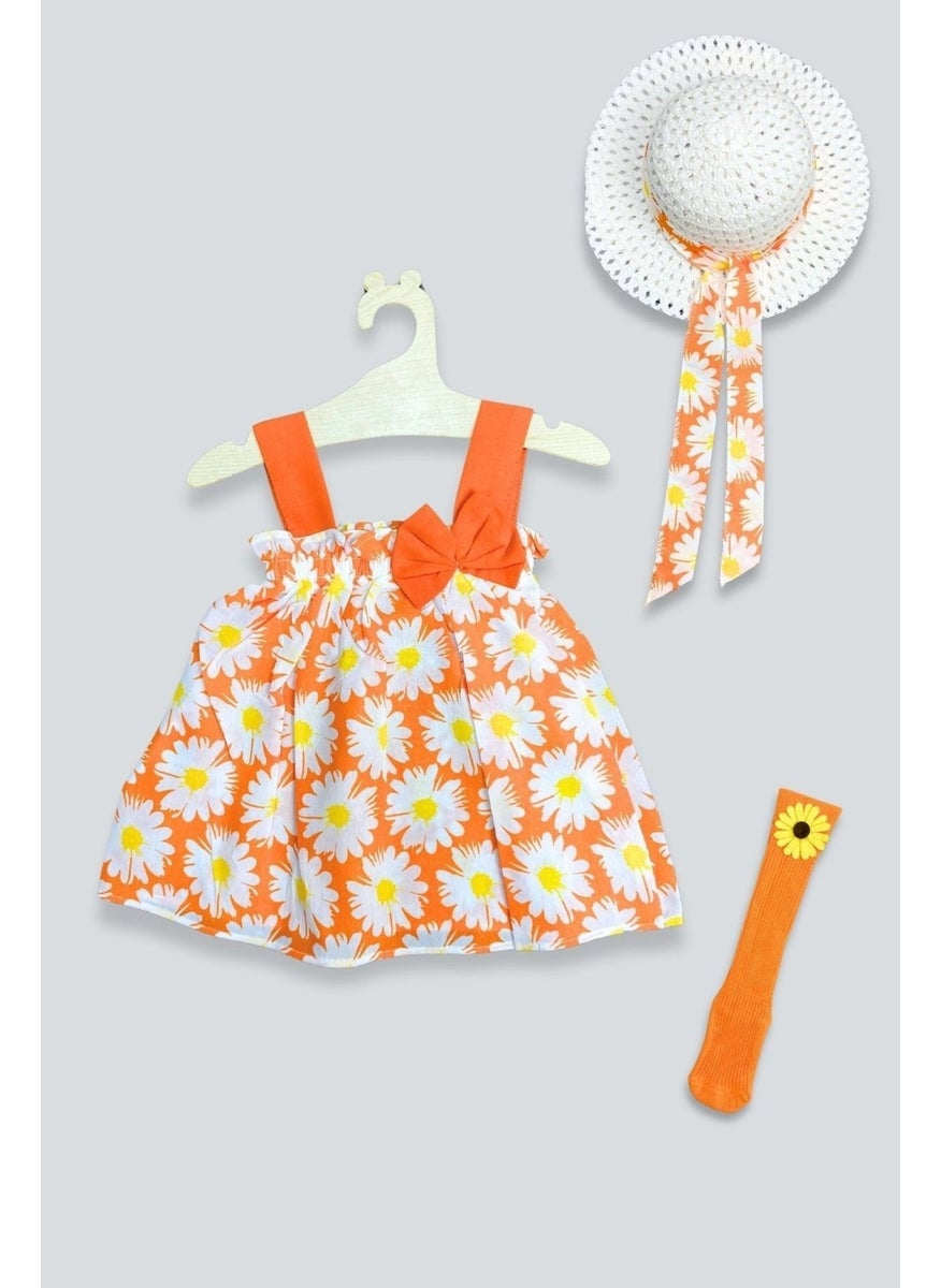Hat Flower Patterned Dress Knee Length Flower Socks Set