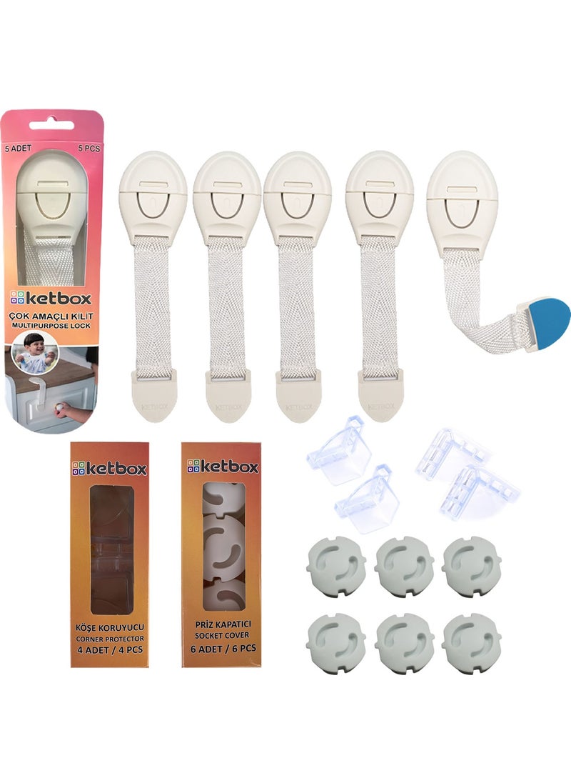 Child Baby Safety Safety Set, 5 Drawer Cabinet Locks, 4 Corner Protectors, 6 Socket Protectors