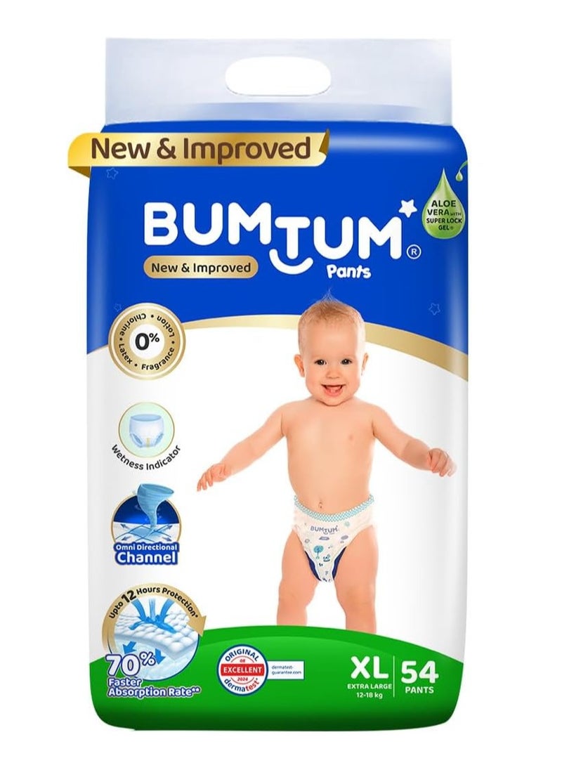 Bumtum Baby Diaper Pants with Double Leakage Protection - 12 to 17 Kg (54 Count, X-Large)