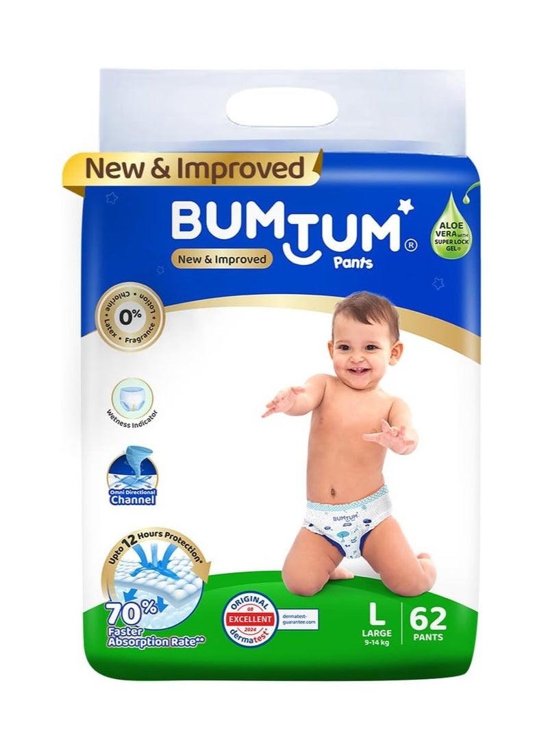 Bumtum Baby Diaper Pants, L (Size 4), 9-14 kg, Double Layer Leakage Protection Infused With Aloe Vera, Cottony Soft High Absorb Technology, 62 Diaper
