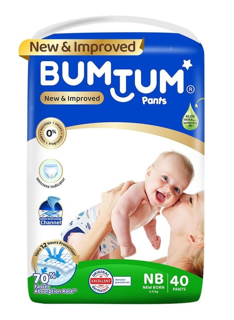 Bumtum Baby Diaper Pants, Newborn (Size 1), 2-5 kg, Double Layer Leakage Protection Infused With Aloe Vera, Cottony Soft High Absorb Technology, 40 Diaper