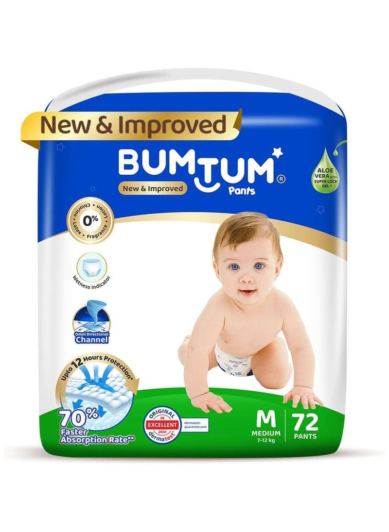Bumtum Baby Diaper Pants, M (Size 3), 7-12 kg, Double Layer Leakage Protection Infused With Aloe Vera, Cottony Soft High Absorb Technology, 72 Diaper
