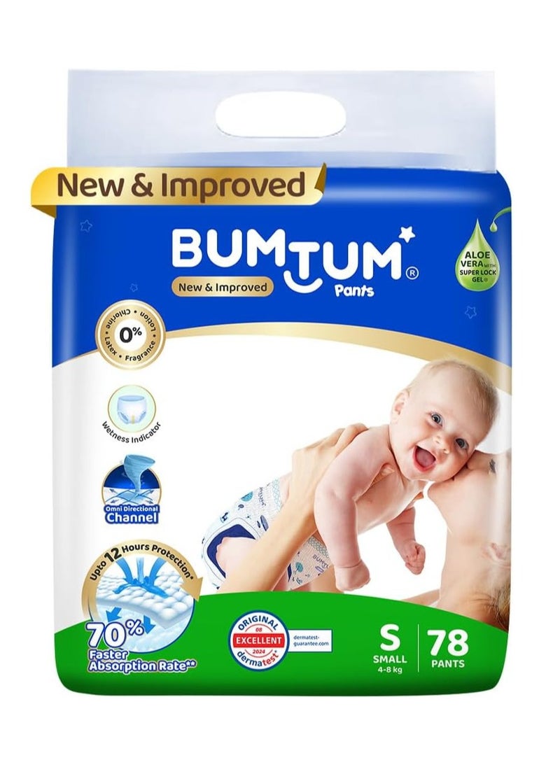 Bumtum Baby Diaper Pants, S (Size 2), 4-8 kg, Double Layer Leakage Protection Infused With Aloe Vera, Cottony Soft High Absorb Technology, 78 Diaper