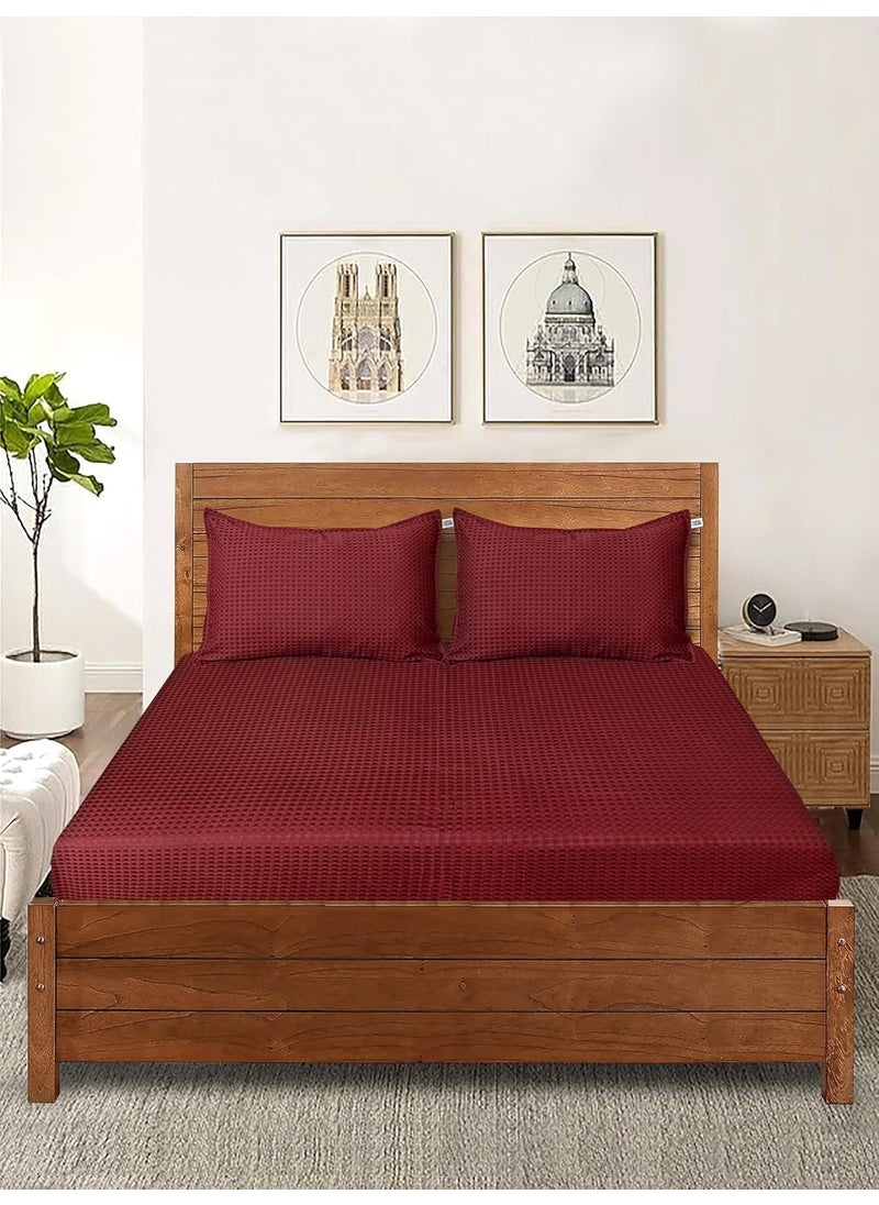 SARAL Home Soft Cotton Waffle Design Breathable Wrinkle Free Bedsheet for Double Bed 1 King Size Bedsheet with 2 Pillow Covers Maroon100X108
