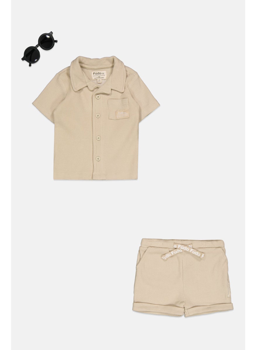 Toddlers Boy 3Pcs Short Sleeve Polo Shirt And Short Set, Beige