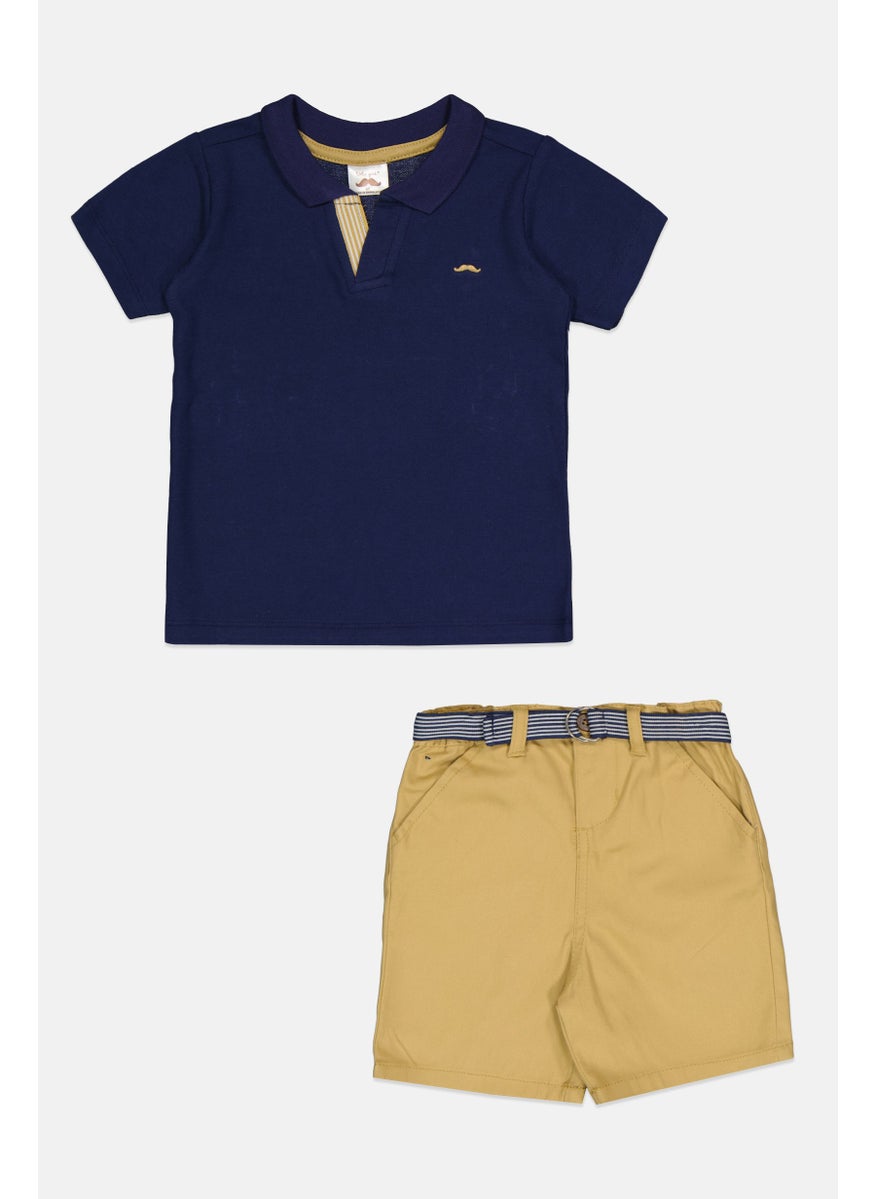 Toddlers Boy 2 Piece Embroidered Logo Polo Shirt And Belted Shorts Set, Navy/Tan