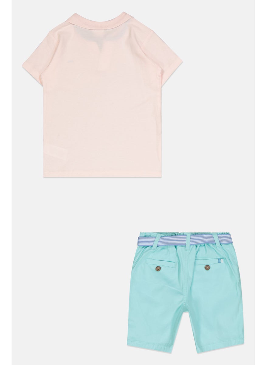 Kids Boy 2Pcs Short Polo Shirt And Short Set, Pink/Turqouise