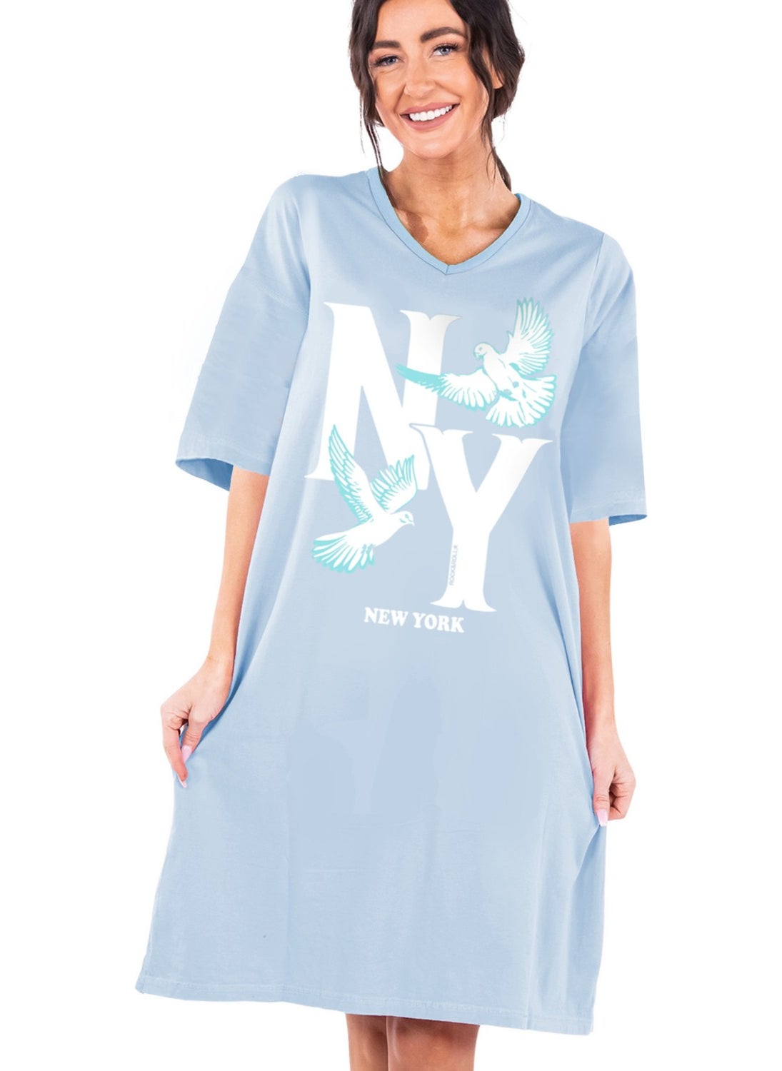 Ny Pigeon Light Blue V Neck Half Sleeve Knee Length Home Dress Nightgown