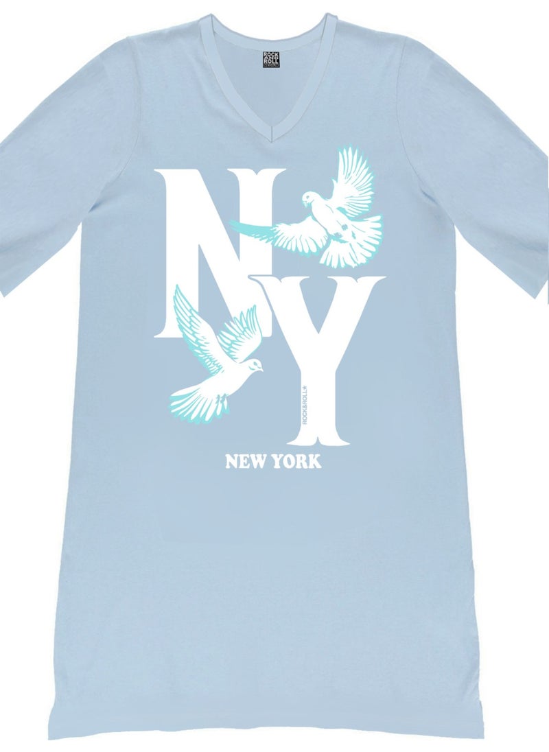 Ny Pigeon Light Blue V Neck Half Sleeve Knee Length Home Dress Nightgown
