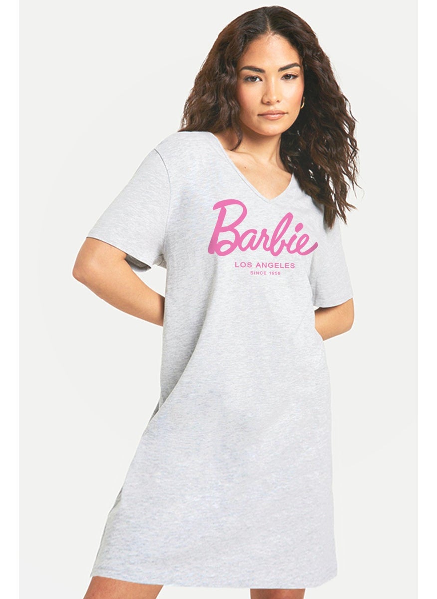 Barbie Girl Gray V Neck Half Sleeve Knee Length Home Dress Nightgown