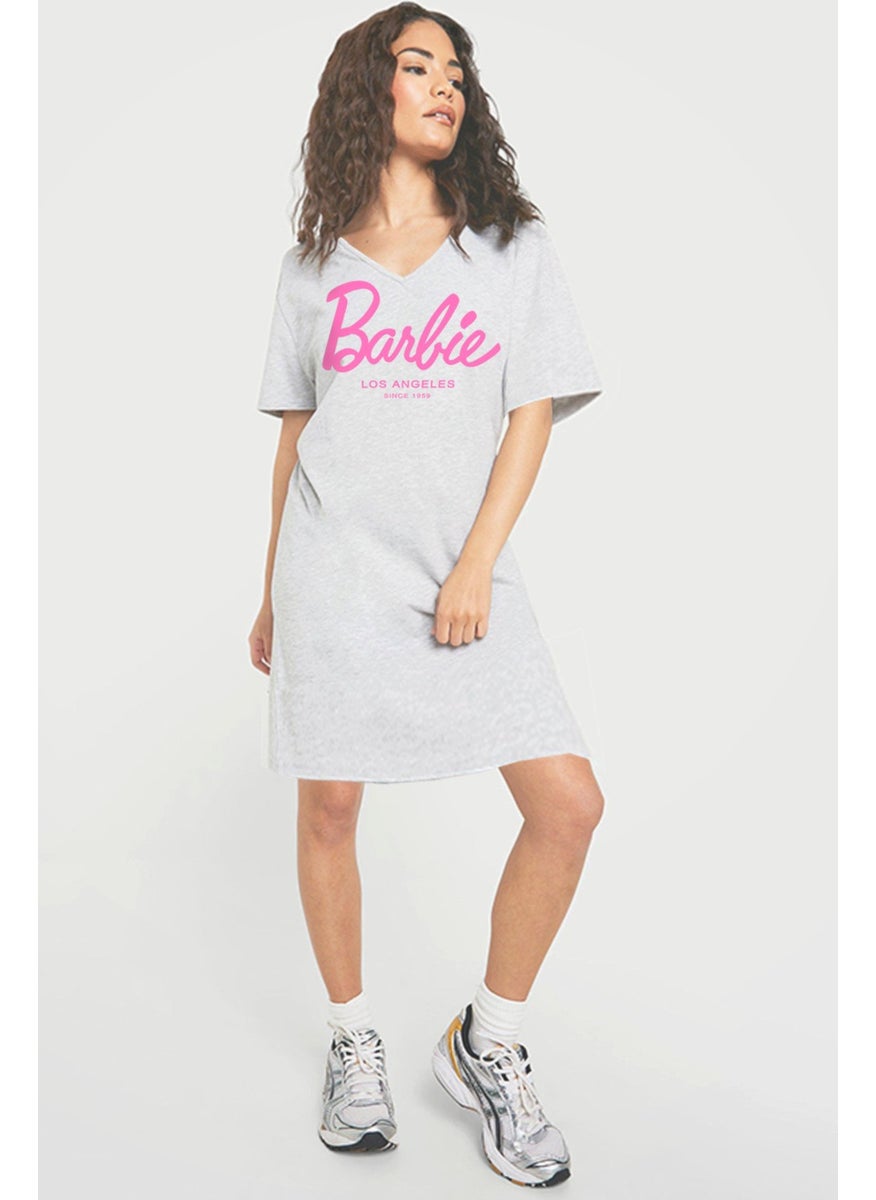 Barbie Girl Gray V Neck Half Sleeve Knee Length Home Dress Nightgown