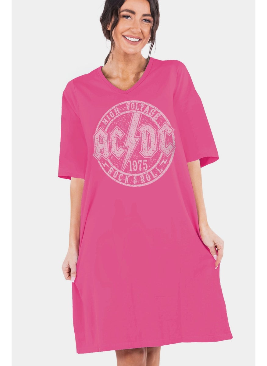 Flat Acdc Fuchsia V Neck Half Sleeve Knee Length Home Dress Nightgown