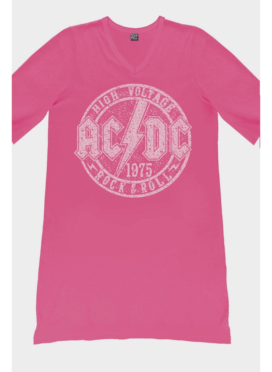 Flat Acdc Fuchsia V Neck Half Sleeve Knee Length Home Dress Nightgown