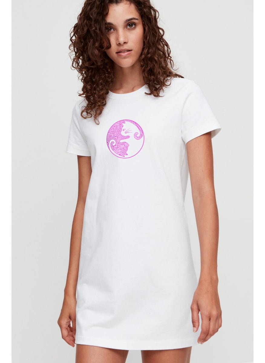 Balance Cats White Short Sleeve Combed Cotton T-Shirt Dress