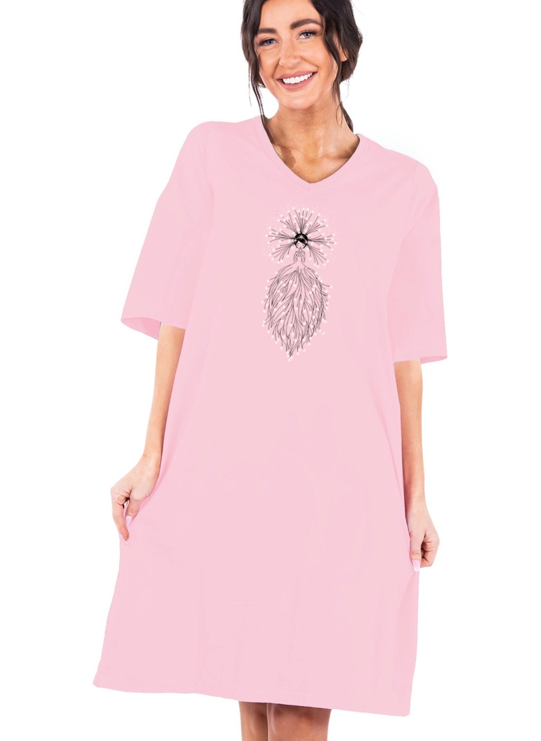 Star Princess Pink V Neck Half Sleeve Knee Length Home Dress Nightgown