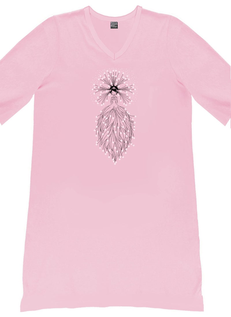 Star Princess Pink V Neck Half Sleeve Knee Length Home Dress Nightgown