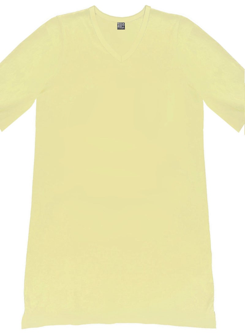 Plain Light Yellow V Neck Half Sleeve Knee Length Home Dress Nightgown