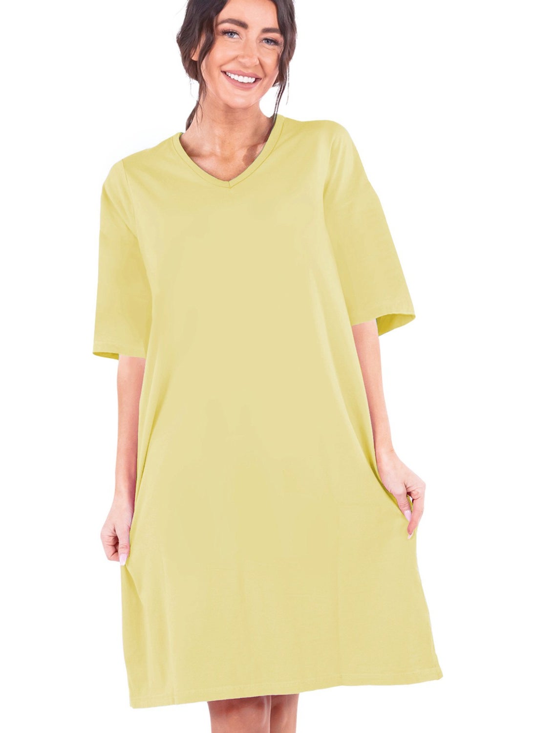 Plain Light Yellow V Neck Half Sleeve Knee Length Home Dress Nightgown