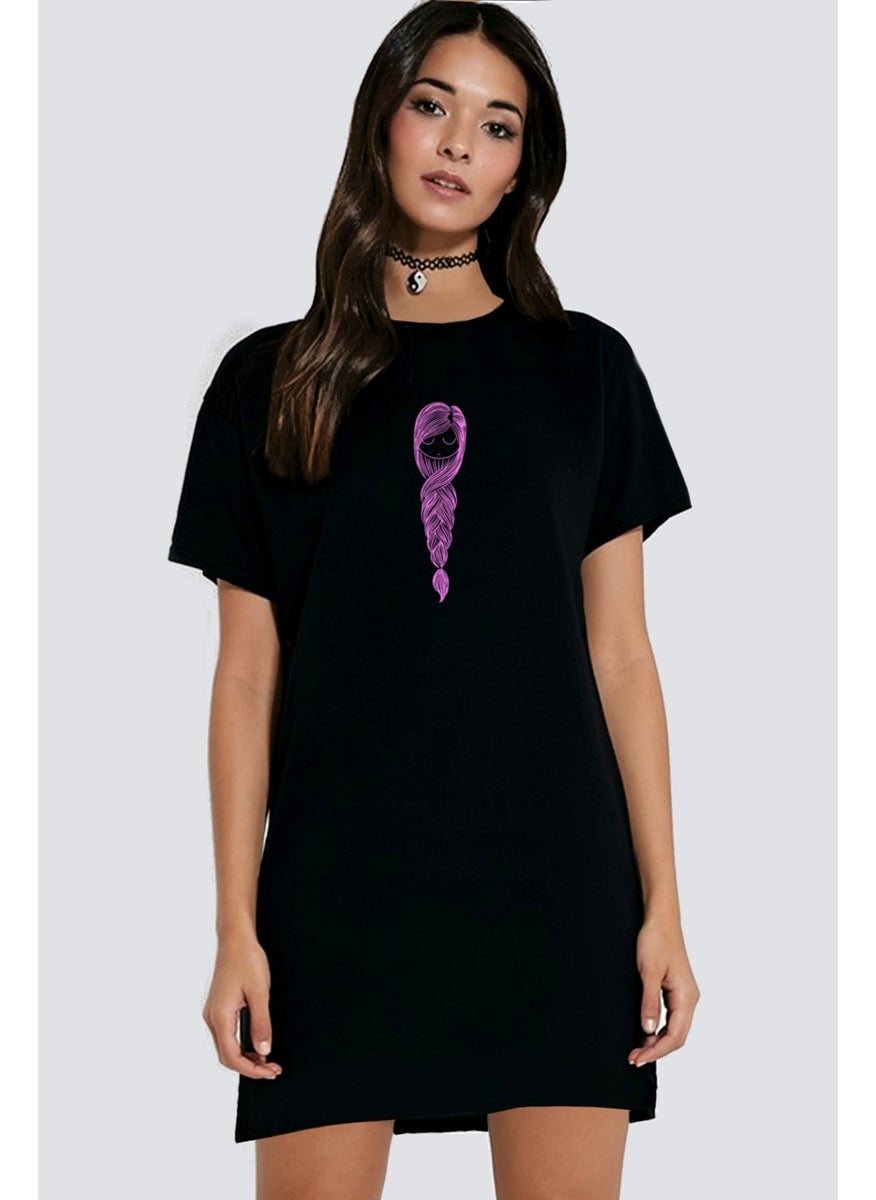 Braided Hair Black Short Sleeve Combed Cotton T-Shirt Dress