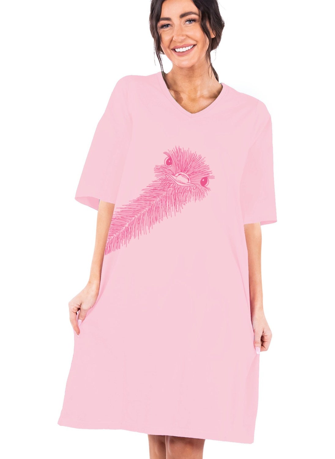Ostrich Pink V Neck Half Sleeve Knee Length Home Dress Nightgown