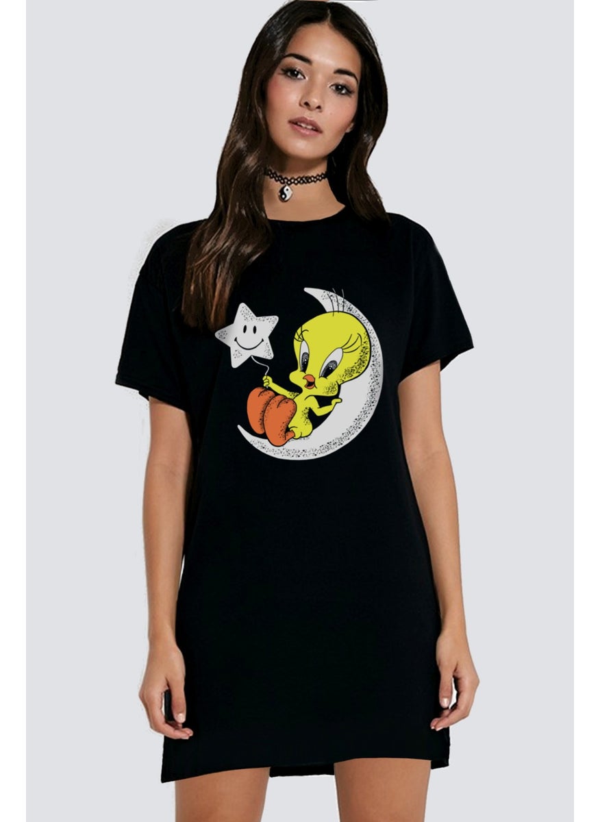 Crescent Star Black Short Sleeve Combed Cotton T-Shirt Dress