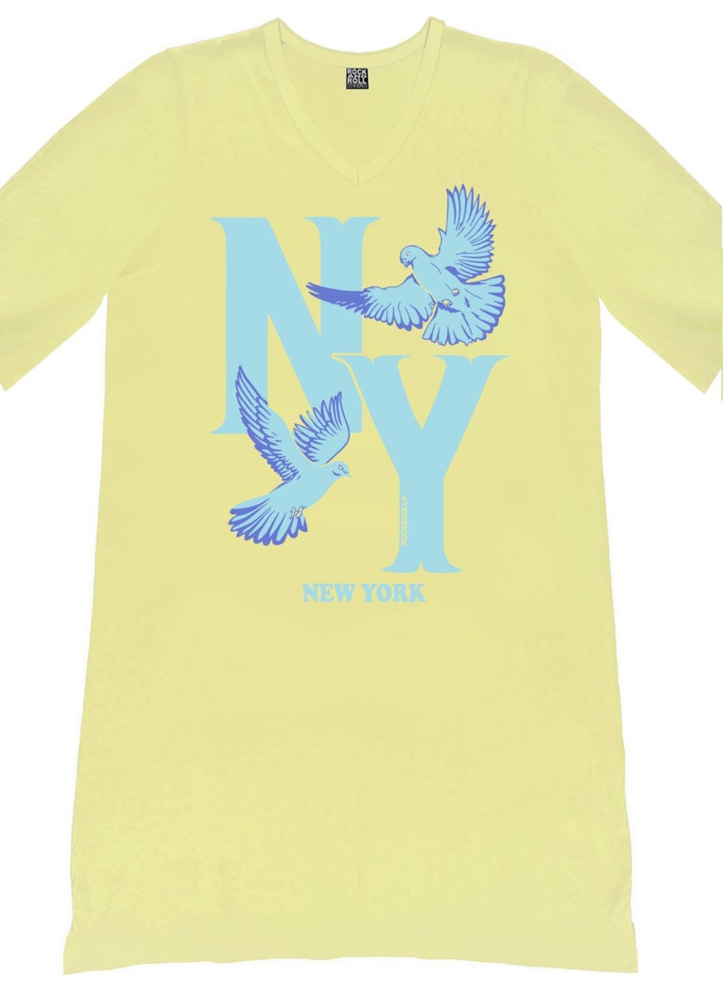 Ny Pigeon Light Yellow V Neck Half Sleeve Knee Length Home Dress Nightgown