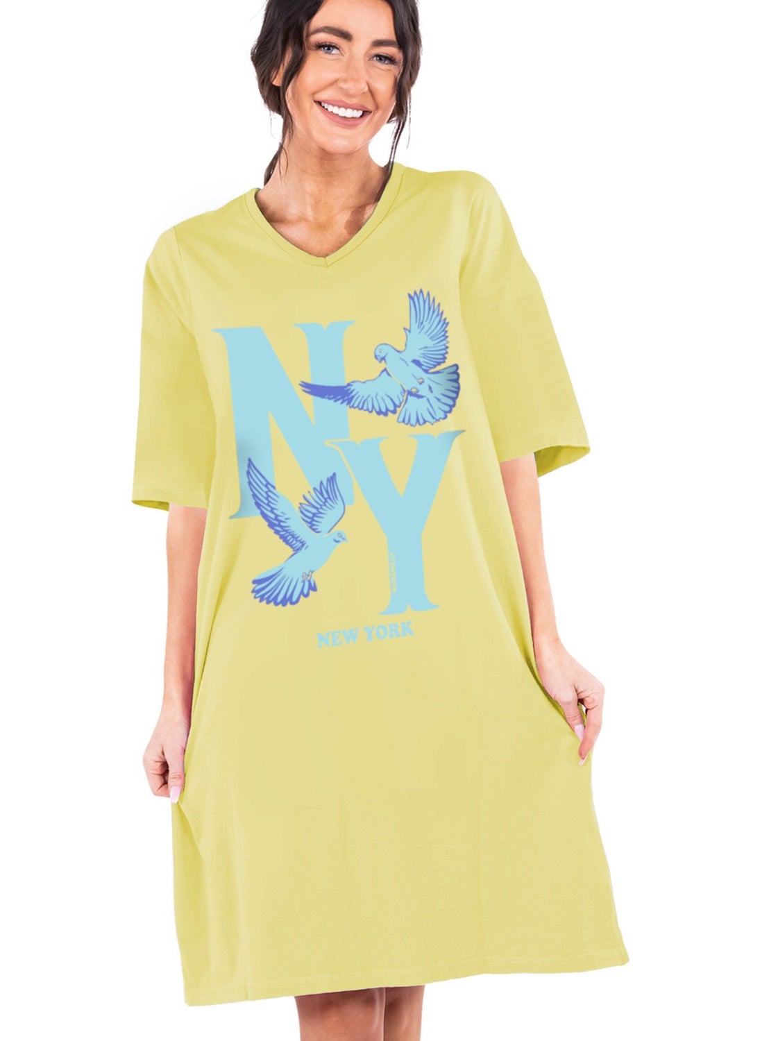Ny Pigeon Light Yellow V Neck Half Sleeve Knee Length Home Dress Nightgown
