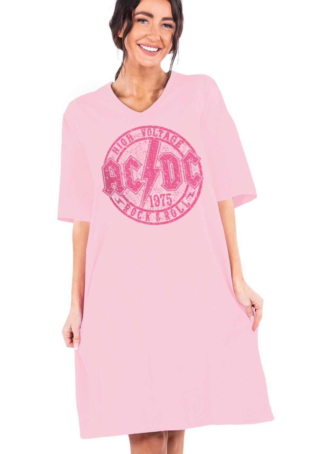 Flat Acdc Logo Pink V Neck Half Sleeve Knee Length Home Dress Nightgown