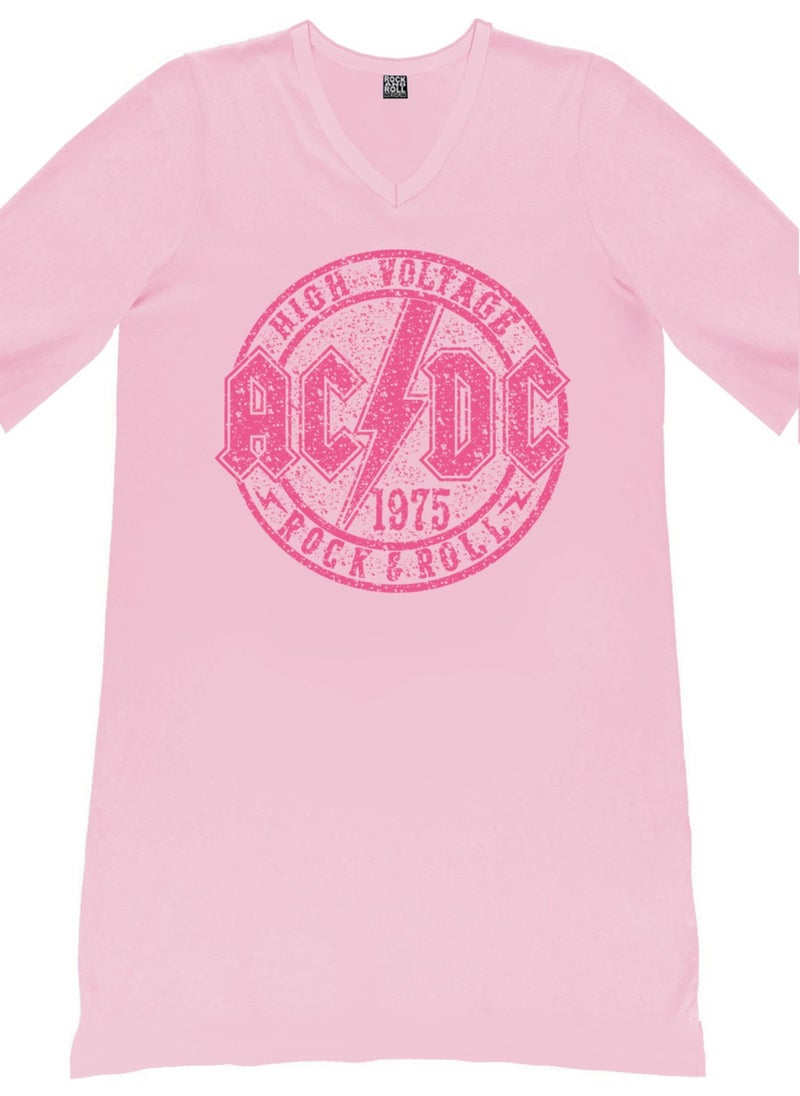 Flat Acdc Logo Pink V Neck Half Sleeve Knee Length Home Dress Nightgown