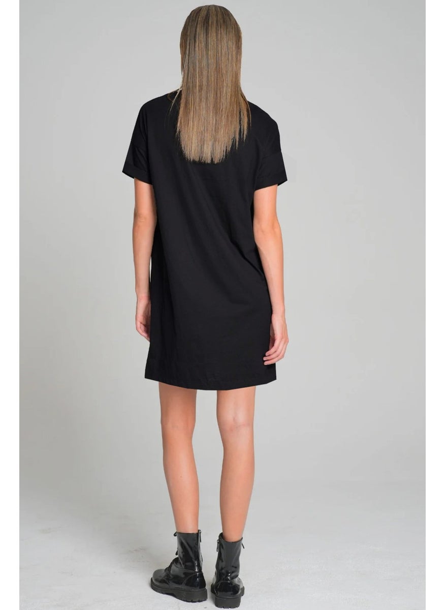 Where Am I Black Short Sleeve Combed Cotton T-Shirt Dress