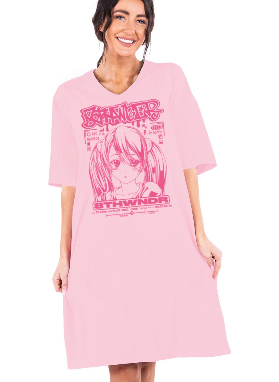Anime Girl Face Pink V Neck Half Sleeve Knee Length Home Dress Nightgown