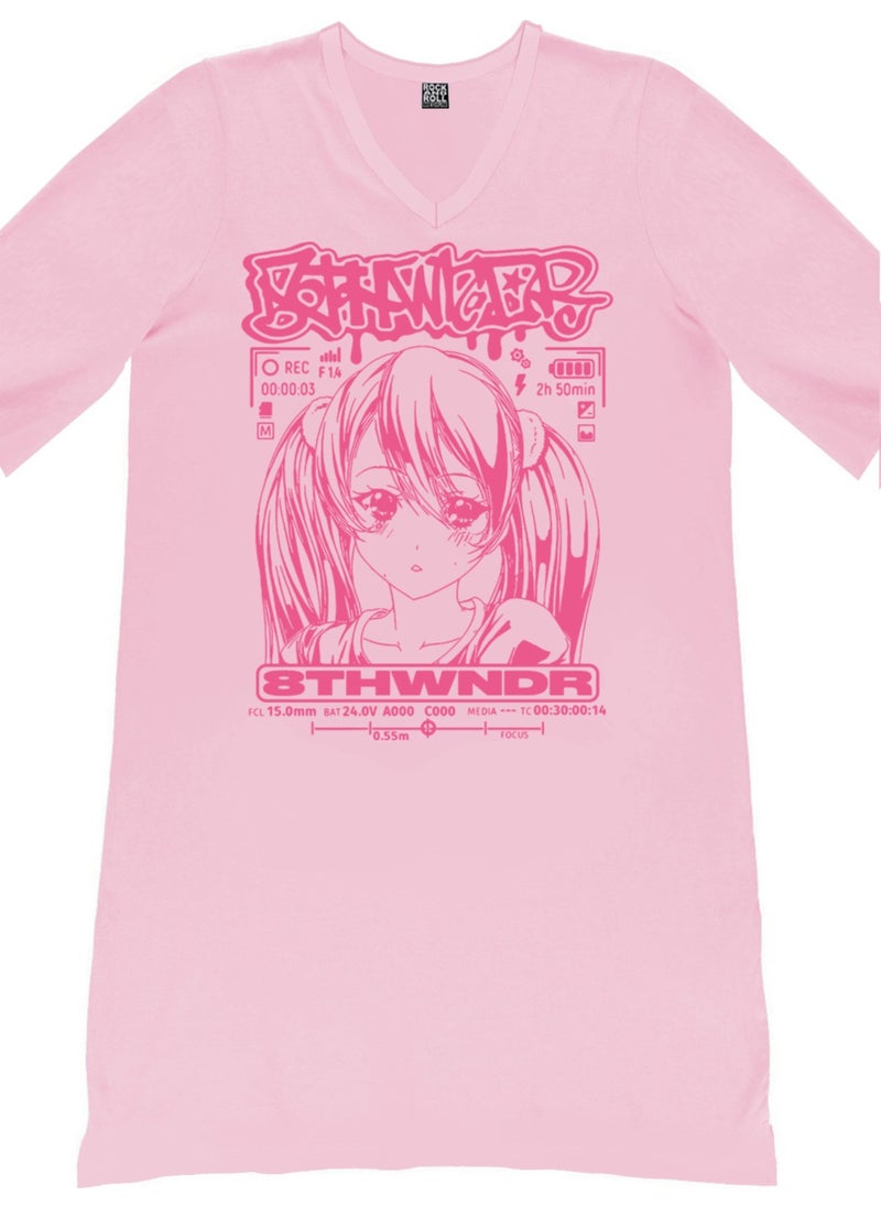 Anime Girl Face Pink V Neck Half Sleeve Knee Length Home Dress Nightgown