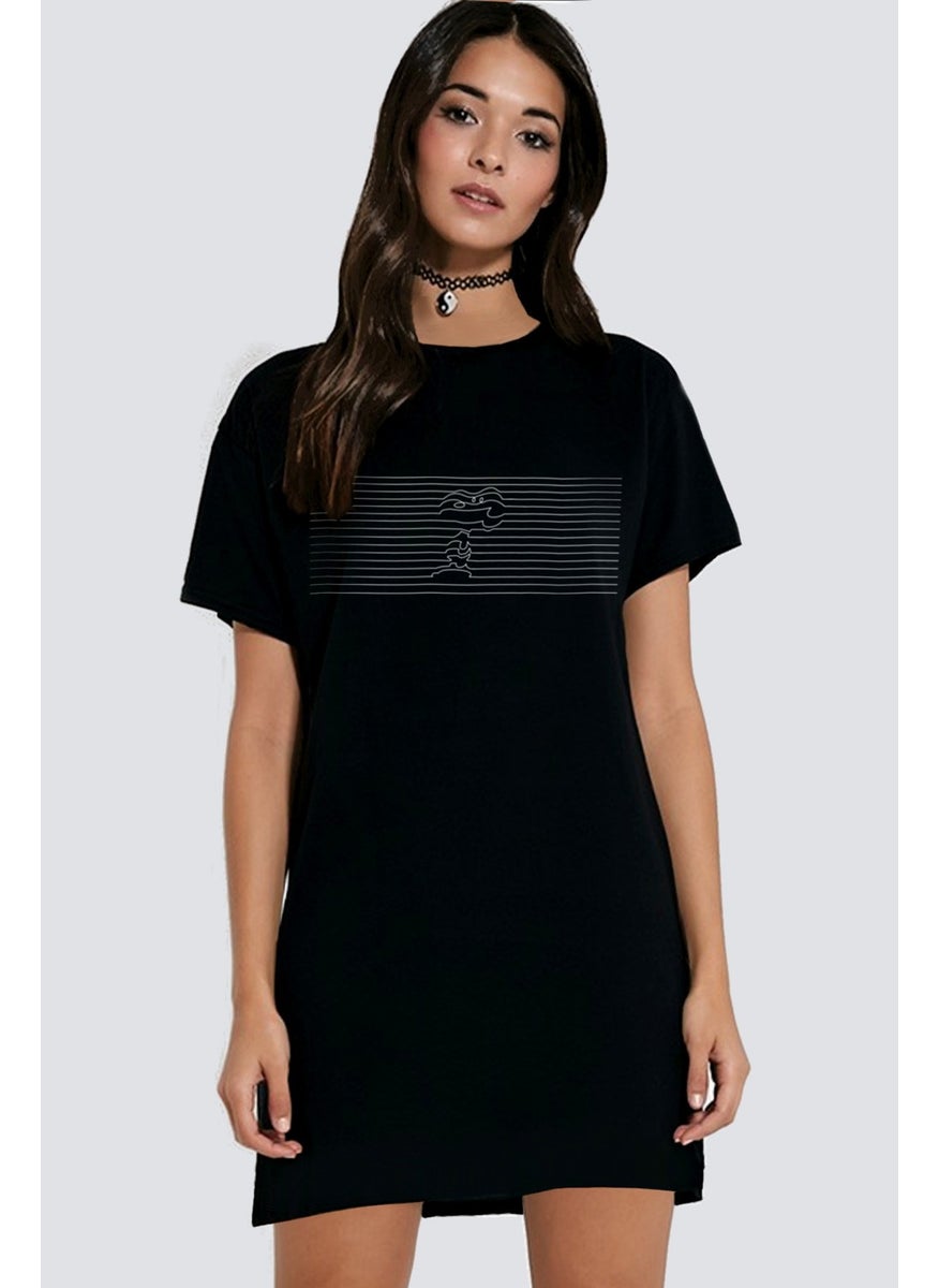Striped Dog Black Short Sleeve Combed Cotton T-Shirt Dress