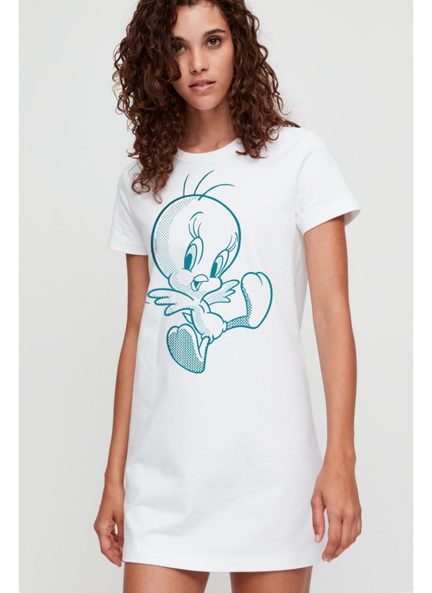 Cheerful Bird White Short Sleeve Combed Cotton T-Shirt Dress