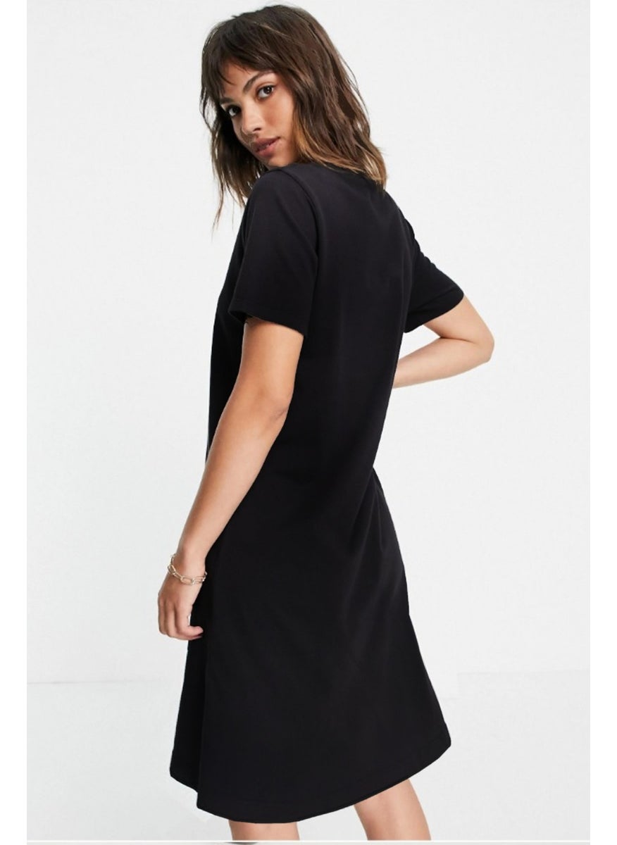 Milky and Plain Black Short Sleeve Above Knee Mid Length Combed Cotton Dress