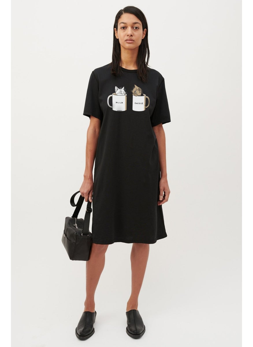 Milky and Plain Black Short Sleeve Above Knee Mid Length Combed Cotton Dress