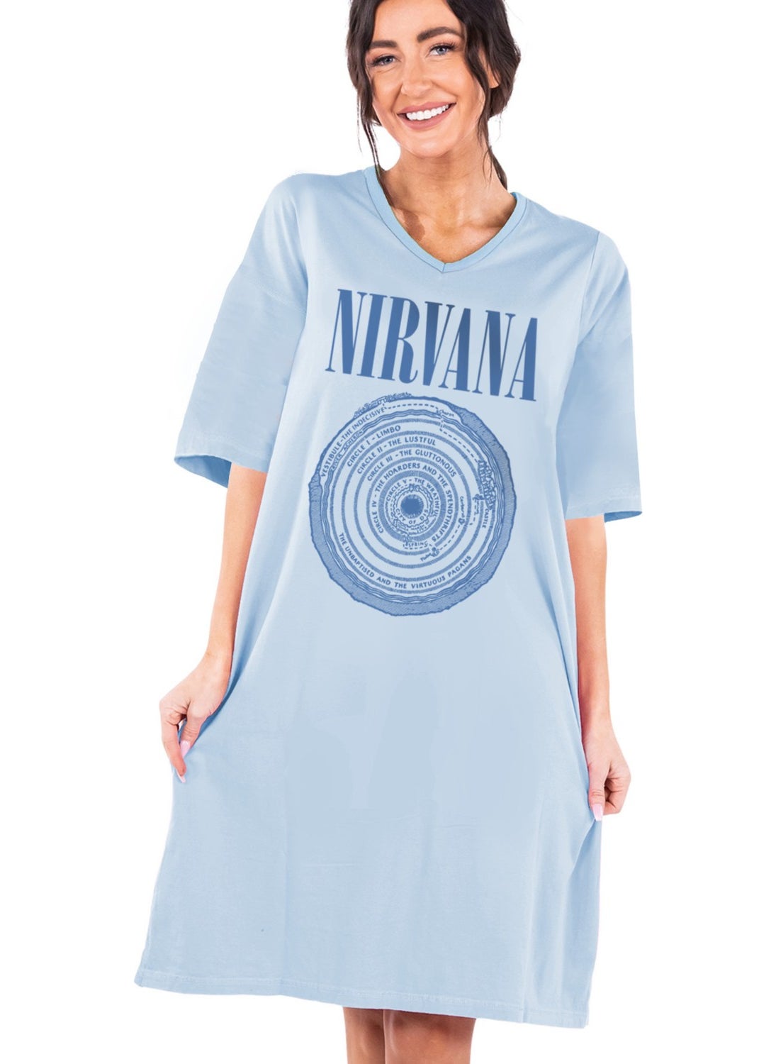 Circle, Circle Nirvanas Light Blue V Neck Half Sleeve Knee Length Home Dress Nightgown