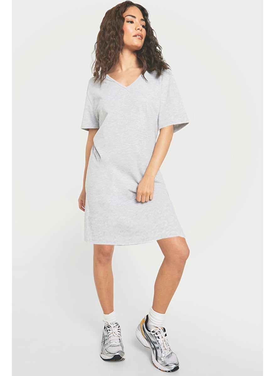 Plain Grey Melange V Neck Half Sleeve Knee Length Home Dress Nightgown