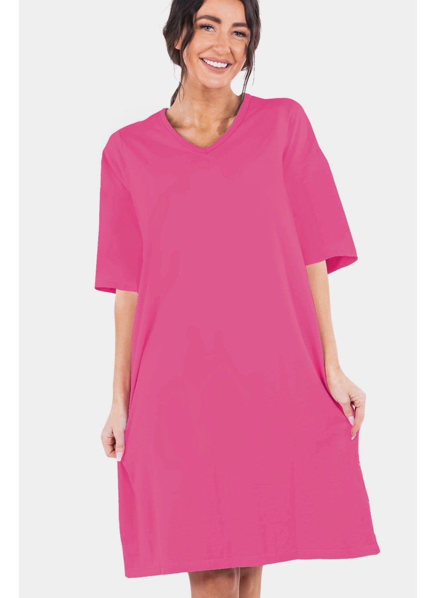 Plain Fuchsia V Neck Half Sleeve Knee Length Home Dress Nightgown