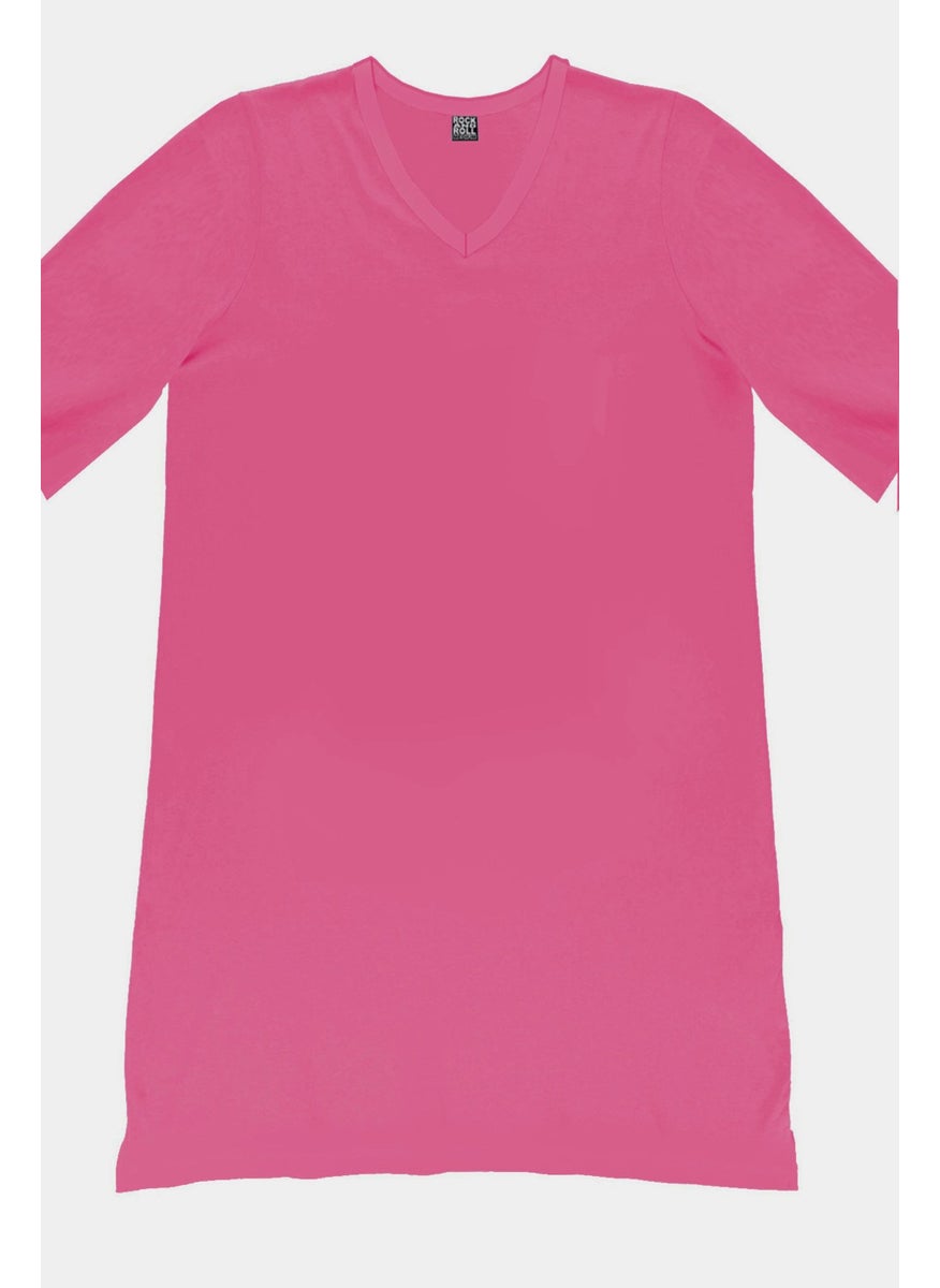 Plain Fuchsia V Neck Half Sleeve Knee Length Home Dress Nightgown
