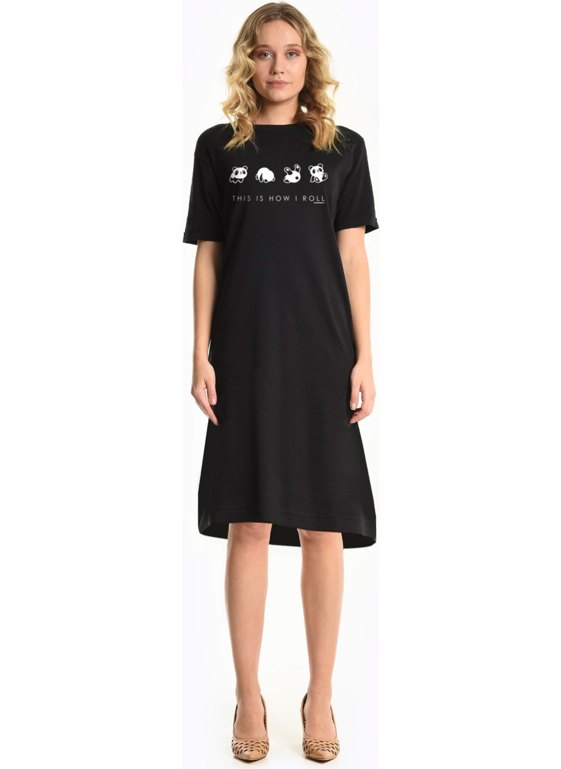 Panda Tumble Black Short Sleeve Above Knee Mid Length Cotton Dress