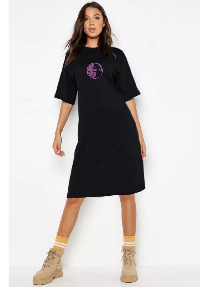 Rock & Roll Balance Cats Black Short Sleeve Above Knee Mid Length Cotton Dress