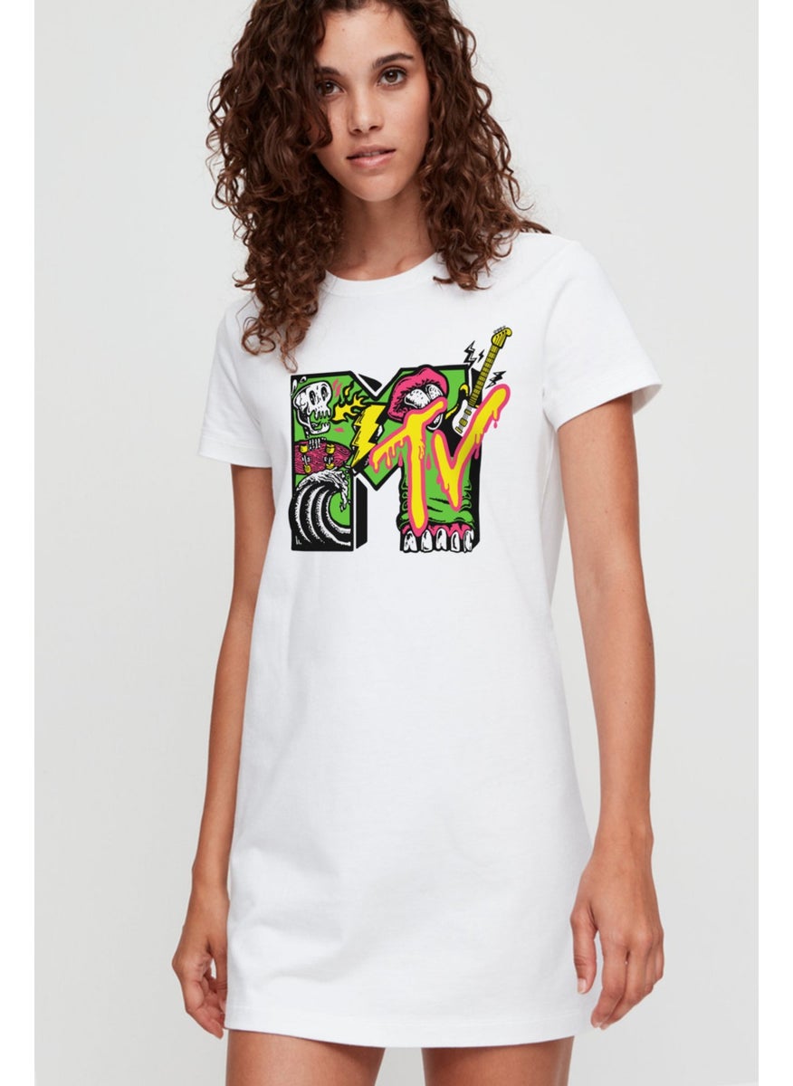 Mtv White Short Sleeve Combed Cotton T-Shirt Dress