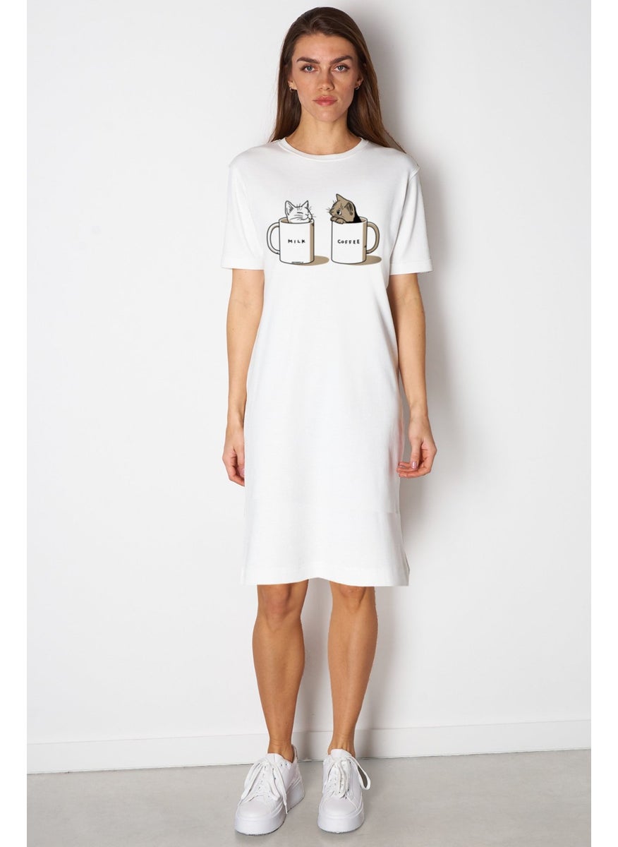 Milky and Plain White Short Sleeve Above Knee Mid Length Combed Cotton Dress