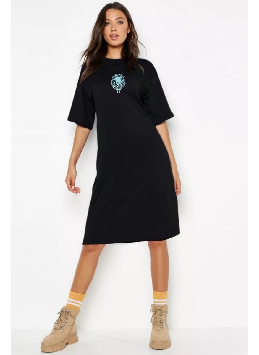 Spotted Lamb Black Short Sleeve Above Knee Mid Length Combed Cotton Dress