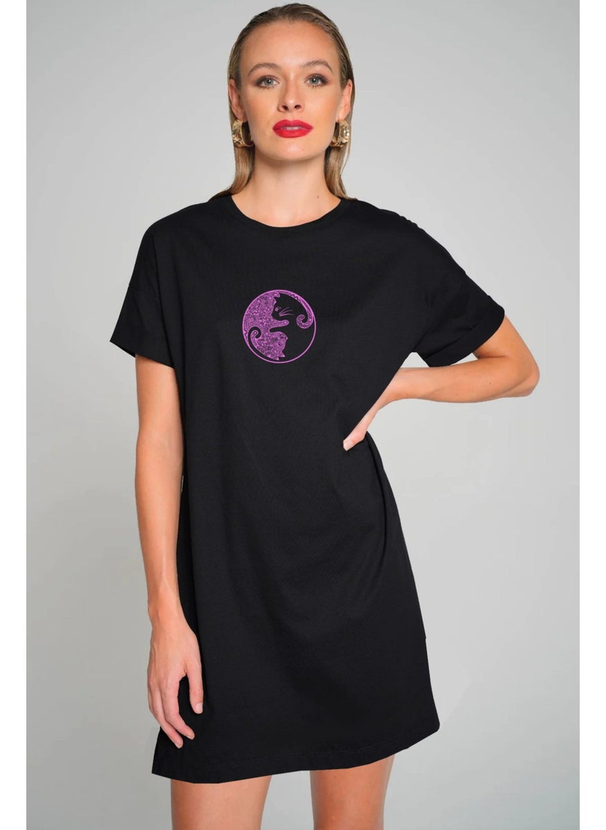 Balance Cats Black Short Sleeve Combed Cotton T-Shirt Dress